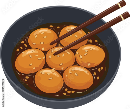 A bowl of delicious soy-braised quail eggs garnished with sesame seeds, with chopsticks resting on top.