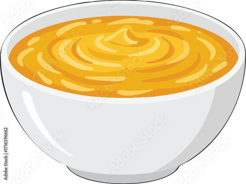 A white bowl filled with a creamy, swirl-patterned orange soup or sauce.