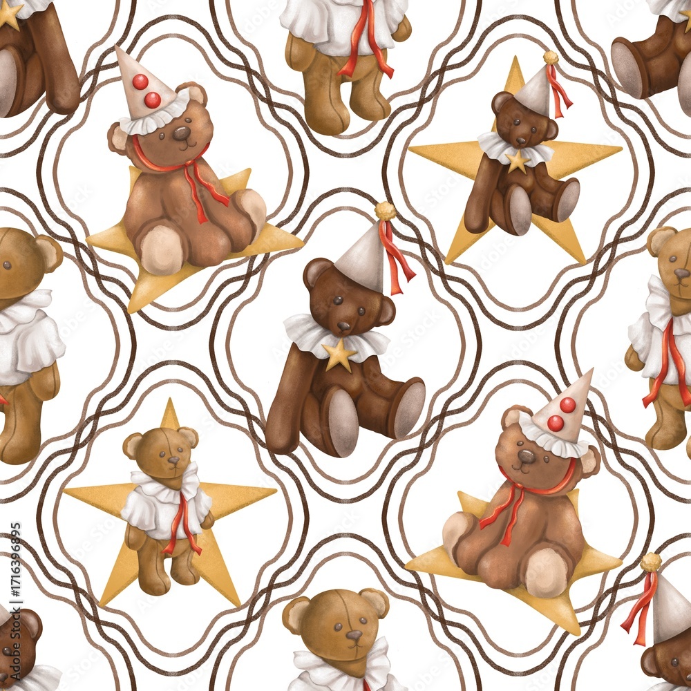 Obraz premium Teddy Bear and Star Seamless Pattern, Cute Vintage Bear Digital Paper, Circus Clown Scrapbook 