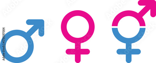 Gender symbol icon set. Male and female signs icon isolated on transparent background. Sex silhouette design elements for equality, diversity, identity, relationship concepts. Vector illustration.