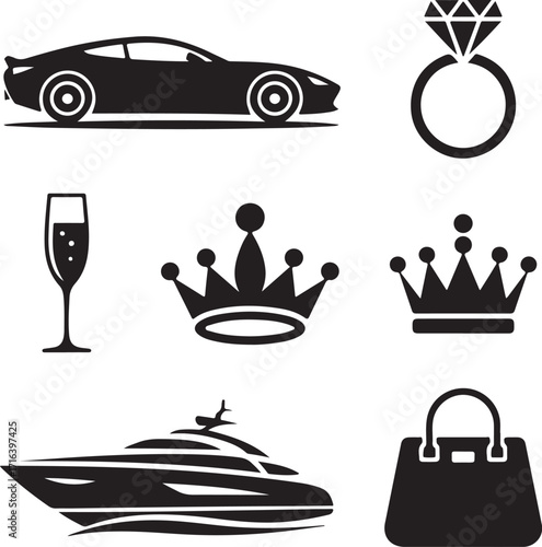 Luxury symbols: car, diamond ring, yacht, champagne, crowns