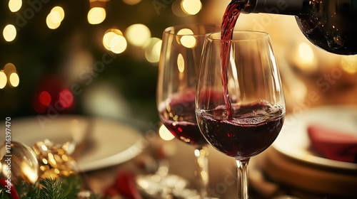Red wine elegantly pouring into crystal glasses in a sophisticated dining setting with soft overhead lighting.