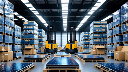 Modern warehouse filled with stacks of solar panels and boxes ready for distribution with forklifts