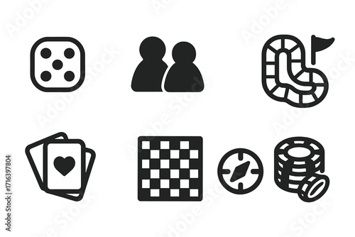 Board game flat icon set. Minimalist vector symbols for tabletop gaming. Includes dice, player pawns, playing cards, chessboard, poker chips, compass, and game path.