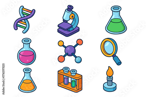 Science lab research icon set. Isometric vector cartoon illustration. Chemistry and biology equipment. DNA, microscope, molecule, test tube, flask, bunsen burner icons.