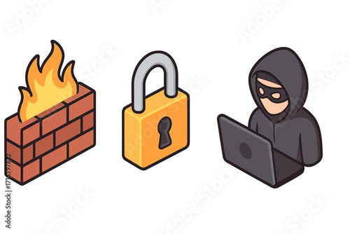Cybersecurity isometric icon set. Firewall protection, data privacy lock, and hacker cybercrime concept. Network security, system attack, and virus defense vector cartoon icons.