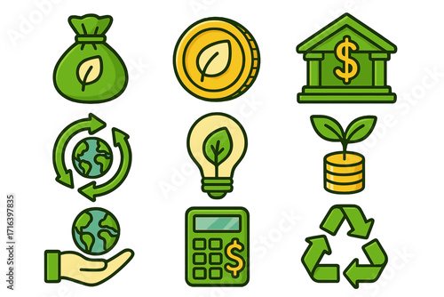 Green finance and sustainable business icon set. Eco-friendly investment, circular economy, money saving, ESG, recycling, and renewable energy concepts. Vector illustration.