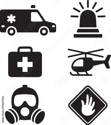 Emergency icons ambulance medical helicopter gas mask safety
