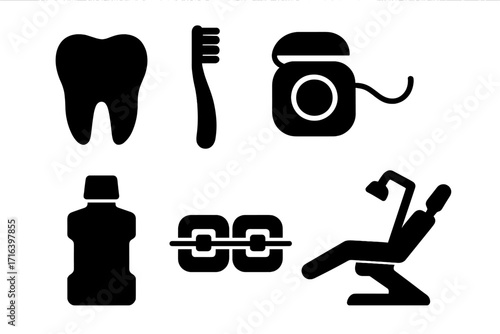 Dental care vector icon set. Dentistry, stomatology, orthodontics symbols. Silhouette glyphs of tooth, toothbrush, floss, mouthwash, braces, and dentist clinic chair.