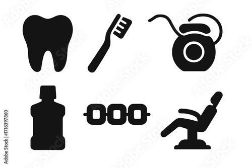 Dental care icon set in silhouette style. Vector icons of tooth, toothbrush, floss, mouthwash, braces, dentist chair. Oral hygiene, stomatology and orthodontics concept.
