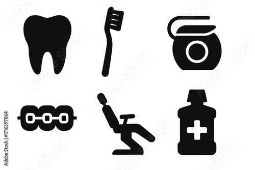 Dental care icon set. Vector silhouettes of a tooth, toothbrush, floss, mouthwash, braces, and a dentist chair. Oral hygiene, stomatology, and orthodontic concepts.