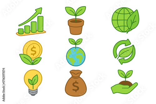 Green economy and sustainable business icon set. ESG investment, financial growth chart. Eco-friendly concept with symbols for recycling, planet care, conservation, and profit.