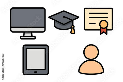 Online education icon set for e-learning. Vector graphics of computer, graduation cap, diploma, tablet, user profile. Concept for digital learning, university, school, student.