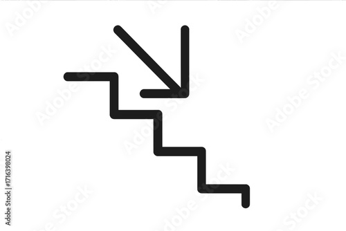 Downstairs icon with arrow pointing down. Concept of crisis, failure, and degradation. Metaphor for financial recession, demotion, or business decrease. Vector linear symbol.