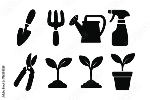 Gardening icons set vector silhouette. Garden tools collection. Trowel, fork, watering can, spray bottle, shears. Plant sprout, seedling growth. Horticulture hobby symbols.