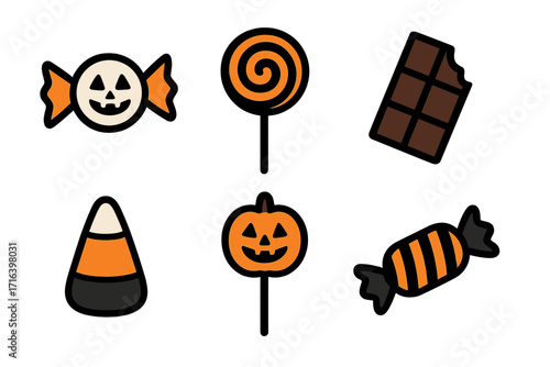 Halloween candy icons set. Minimalist sweet treats collection. Vector cartoon illustration pack. Spooky trick or treat holiday sweets. Featuring pumpkin, candy corn, chocolate.