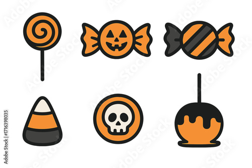 Halloween candy icons set. Minimalist sweet treats collection. Vector cartoon illustration of lollipop, candy corn, skull candy, and caramel apple for trick or treat design.