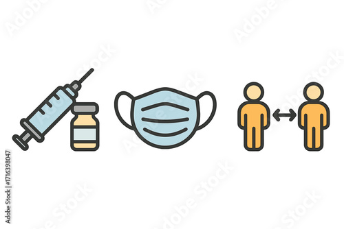 Health and safety icons. Vaccine, medical mask, social distancing. Flat vector icon set for pandemic, coronavirus, covid-19 prevention. Public health and safety rules.