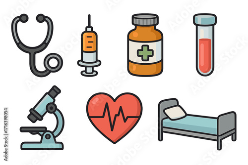 Medical icon collection. Healthcare equipment vector set. Stethoscope, syringe, pills, blood test tube, microscope, heart EKG, hospital bed. Cartoon clinic & lab symbols.