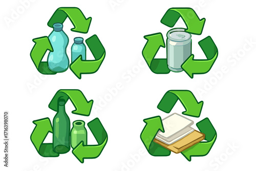 Isometric recycling symbols for waste sorting. Eco-friendly icon set with plastic bottle, glass, paper, and metal can. Zero waste and environment care vector illustration.