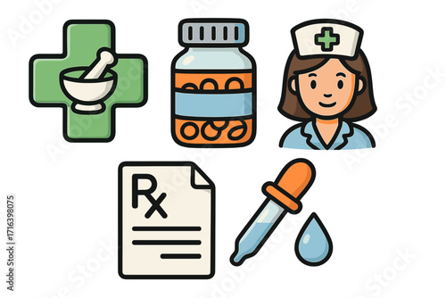 Healthcare medical icon set. Pharmacy symbol with mortar and pestle. Medicine pill bottle, nurse character, prescription Rx paper, and dropper with drop. Vector cartoon design.