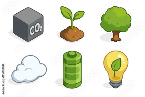 Eco-friendly cartoon icon collection. Isometric vector set with CO2 block, plant sprout, tree, cloud, green battery, and eco light bulb for environment and sustainability concepts.