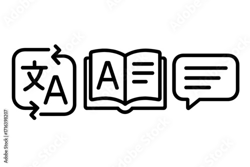 Language translation and communication vector icon set. Line art symbols for dictionary, vocabulary, interpreter services, and multilingual chat. Language learning app pictograms.