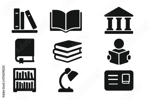 Vector library icon set. Black silhouette symbols for reading, education, and knowledge. Includes books, bookshelf, university building, reader, and library card design elements.