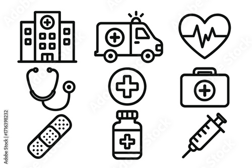 Medical and healthcare line icon set. Vector symbols of hospital, ambulance, emergency, heartbeat, stethoscope, first aid kit, syringe and medicine for web and mobile design.