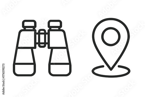 Binoculars with location map pin icon. Linear vector graphic set for search, discovery, and exploration. Concept for travel, tourism, finding a destination, and navigation.