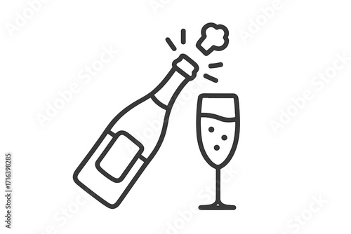 Champagne bottle popping open with a glass. Celebration, party, new year, anniversary, wedding toast vector icon. Sparkling wine drink symbol. Linear outline graphic.