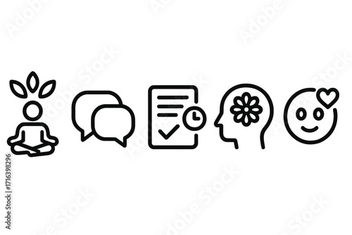 Minimalist icon set for wellness, productivity, and mental health. Vector icons for concepts like mindfulness, communication, task management, emotions, and self-care. Outline style.