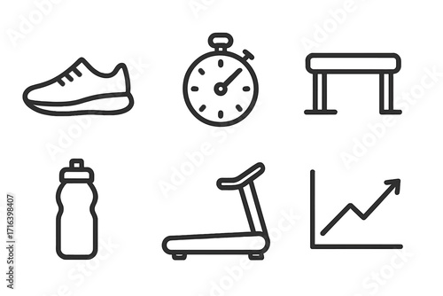Fitness line icon set for sport and workout. Vector collection of simple outline symbols. Running shoe, stopwatch, hurdle, treadmill, water bottle, and progress graph.