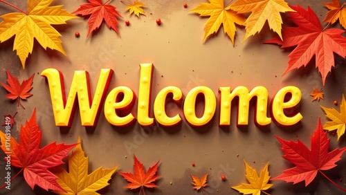 Autumn leaves frame a glowing welcome sign adorned with vibrant colors and warm light