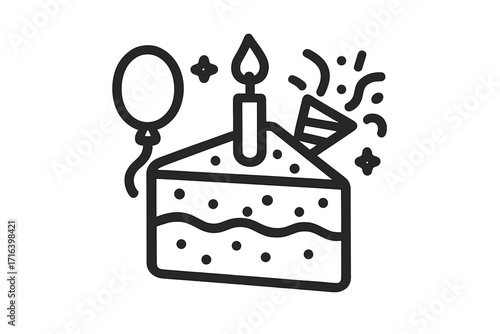 Birthday party celebration line icon. Slice of cake with candle, balloon, and party popper. Anniversary event symbol. Simple vector illustration for greeting card design.