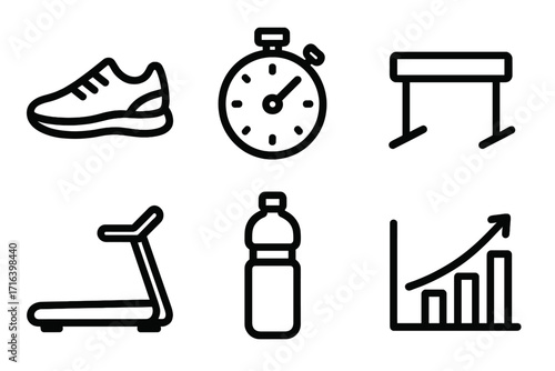 Fitness and sport icon set. Minimalist vector illustration of running shoe, stopwatch, hurdle, treadmill, water bottle, and growth graph. Healthy lifestyle concept symbols.