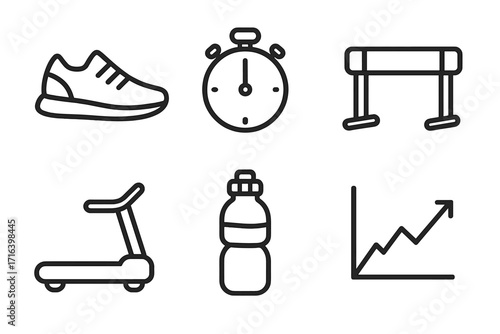 Minimalist fitness and sport line icon set. Running shoe, stopwatch, hurdle, treadmill, water bottle, and progress graph. Vector illustration for workout, gym, and athletics.