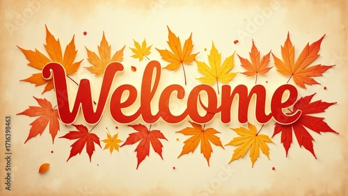 Autumn leaves frame a glowing welcome sign adorned with vibrant colors and warm light