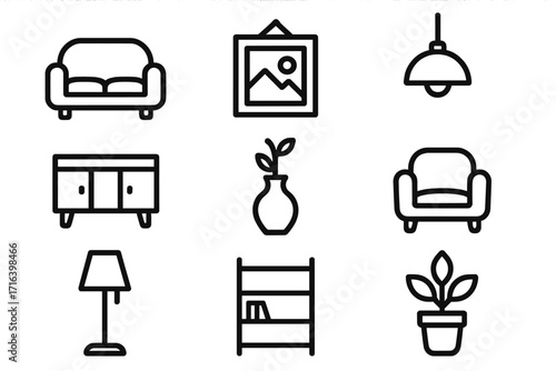 Home furniture icon set. Minimalist interior decor elements. Line art vector illustration. Living room furniture outline symbols. Sofa, armchair, lamp, plant, shelf icons.
