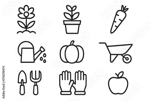 Garden icon set. Linear minimalist icons for harvest, farming and agriculture. Vector symbols of flower, plant, carrot, pumpkin, apple, wheelbarrow, watering can, and tools.