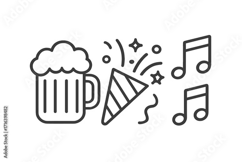 Party line icon set with beer mug, confetti popper, music notes. Linear symbols for celebration, festival, and entertainment. Vector graphics for holiday, bar, or event design.