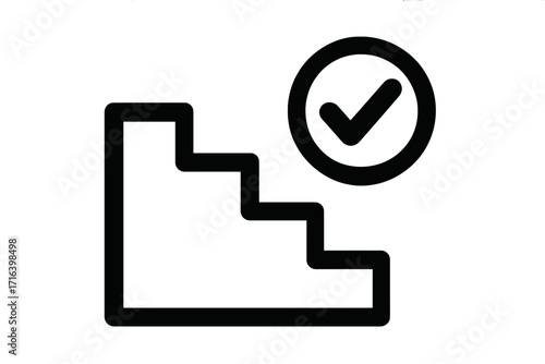 Decrease chart icon with success check mark. Step down graph for business. Concept of cost reduction, confirmed decline, downsizing, complete process. Financial data symbol.