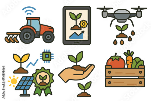 Agritech icon set, smart farming technology. Vector symbols for organic cultivation, drone, data analysis, renewable energy, sustainable harvest and modern farm management.