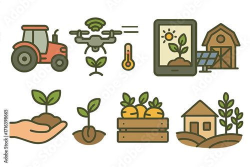 Modern agriculture icon set. Smart farming technology and organic cultivation symbols. Vector cartoon illustration of tractor, drone, solar panel, seedling, harvest and tablet.