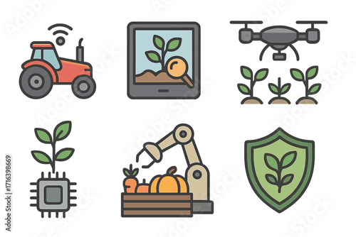 Modern agriculture icon set. Smart farming technology, organic farming symbols. Vector cartoon illustration of drone, robot arm, smart tractor, crop protection. Agritech concept.