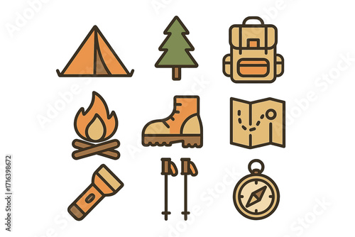 Minimalist outdoor adventure icons for camping, hiking, and exploration. Vector cartoon set of essentials like tent, campfire, backpack, map, boot, compass, and trekking poles.