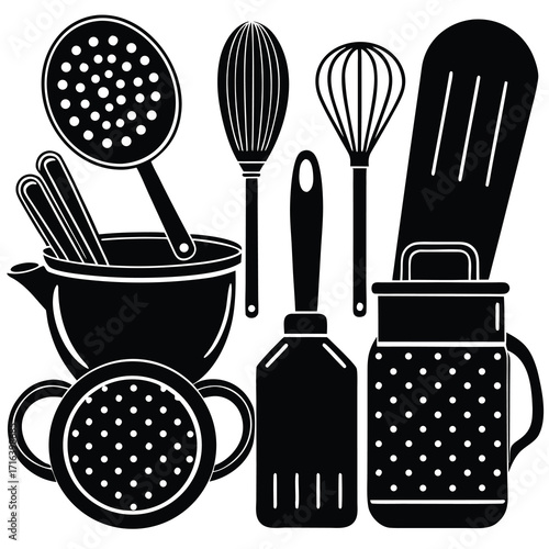 Minimalist collection of essential kitchen utensils including spoons forks knives and spatulas in a clean vector graphic style