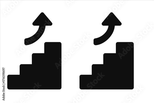 Stairs up icon. Step arrow growth graphic. Business success and career ladder concept. Progress, improvement, and development symbol. Vector logo for promotion or achievement.