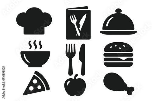 Restaurant icons set. Food and cooking pictograms collection. Black silhouette symbols for chef hat, menu, burger, pizza, delivery. Vector glyph illustration for web.