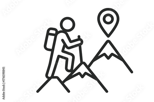 Mountain climbing to reach a goal. Hiker on a journey to the peak. Location pin on top symbolizes destination and success. Adventure, hiking, and exploration concept vector icon.